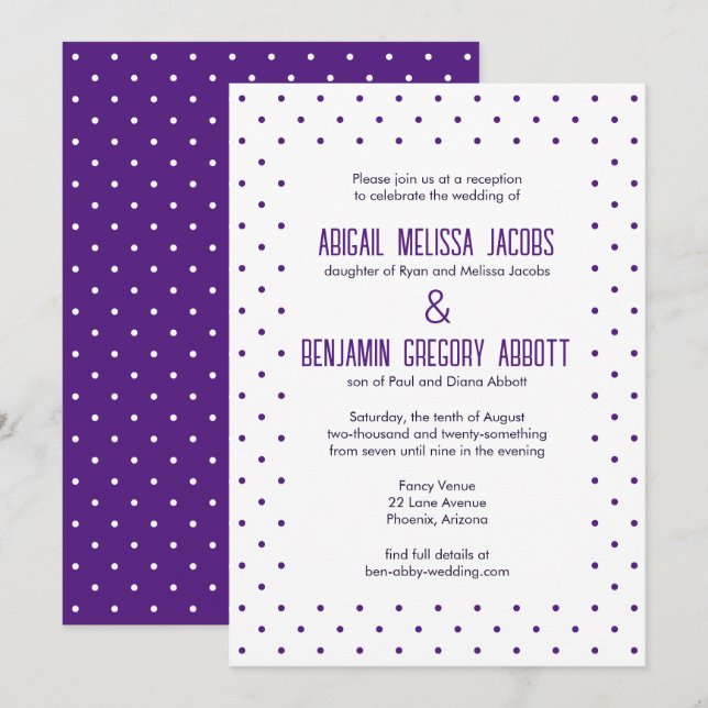 Elegant Purple & White Polka-Dotted Reception Invitation (Front/Back)