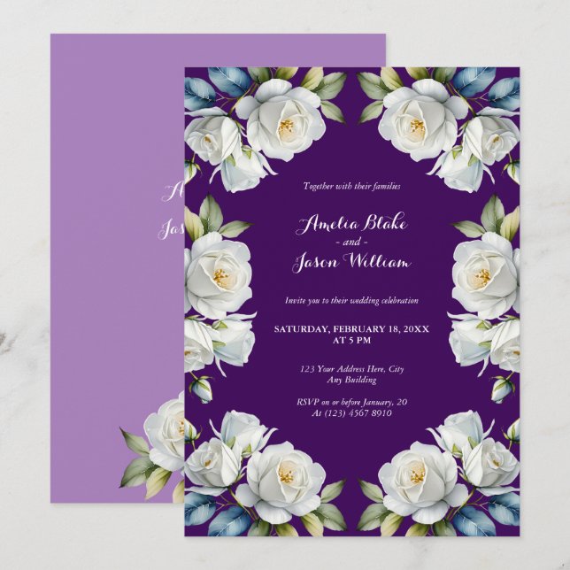 Elegant Purple White Rose Floral Border Wedding Invitation (Front/Back)