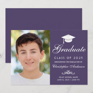 Elegant Purple White Script Photo Graduation Announcement