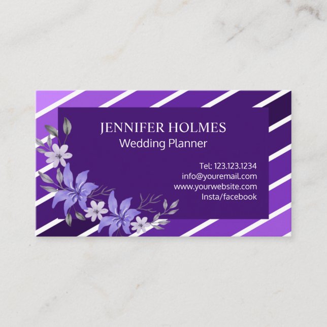 Elegant Purple White Stripes Floral Business Card (Front)