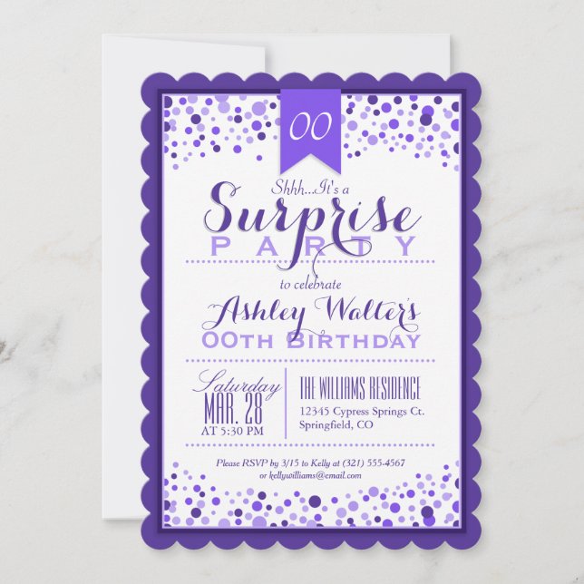 Elegant Purple, White Surprise Birthday Party Invitation (Front)