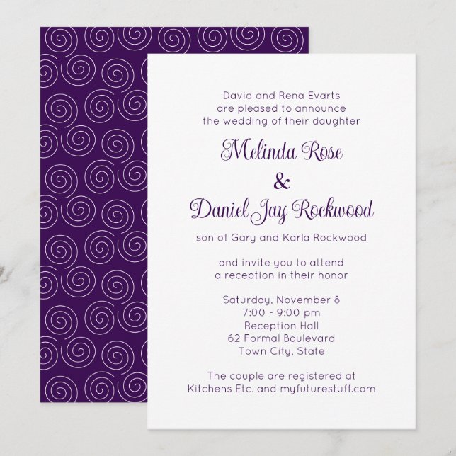 Elegant Purple & White Swirl Wedding Reception Invitation (Front/Back)