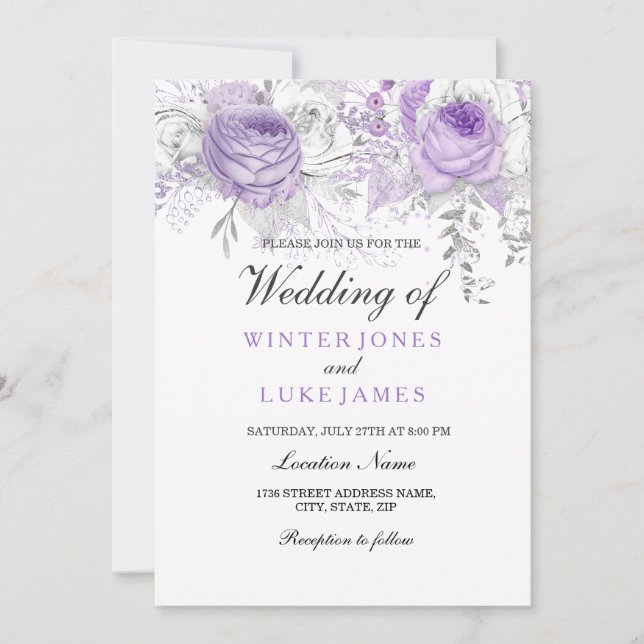 Elegant Purple White Winter Floral Wedding Invite (Front)