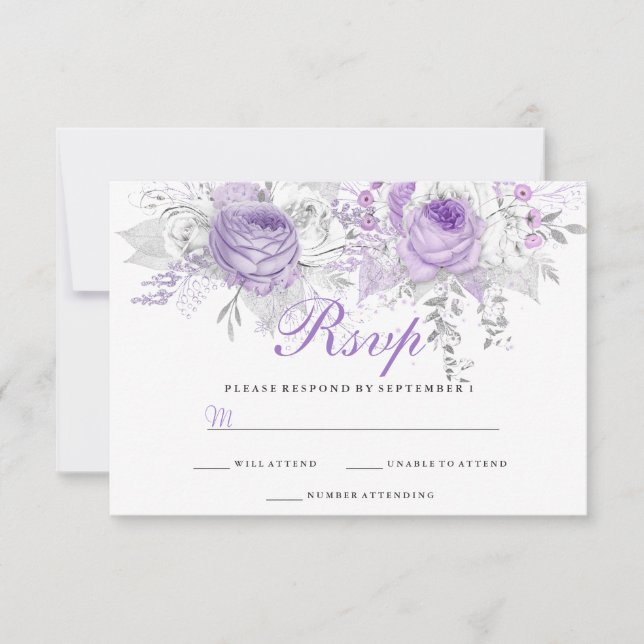 Elegant Purple White Winter Floral Wedding RSVP (Front)