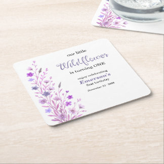 Elegant Purple Wildflower 1st Birthday Party Square Paper Coaster