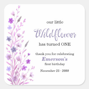 Elegant Purple Wildflower 1st Birthday Party Square Sticker