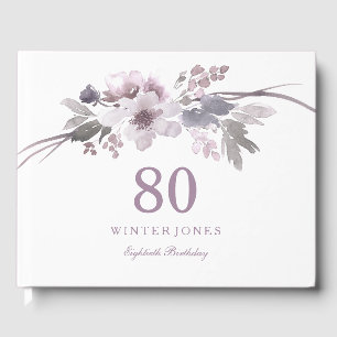 Elegant Purple Winter Floral 80th birthday Party Guest Book