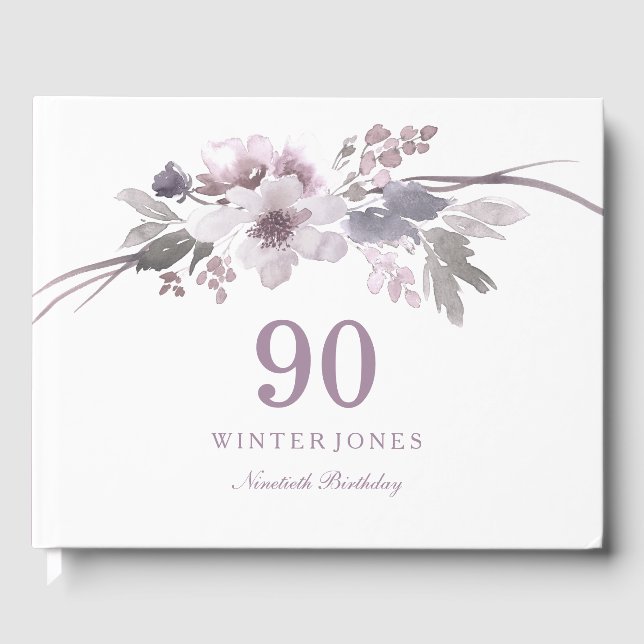 Elegant Purple Winter Floral 90th birthday Party Guest Book (Front)