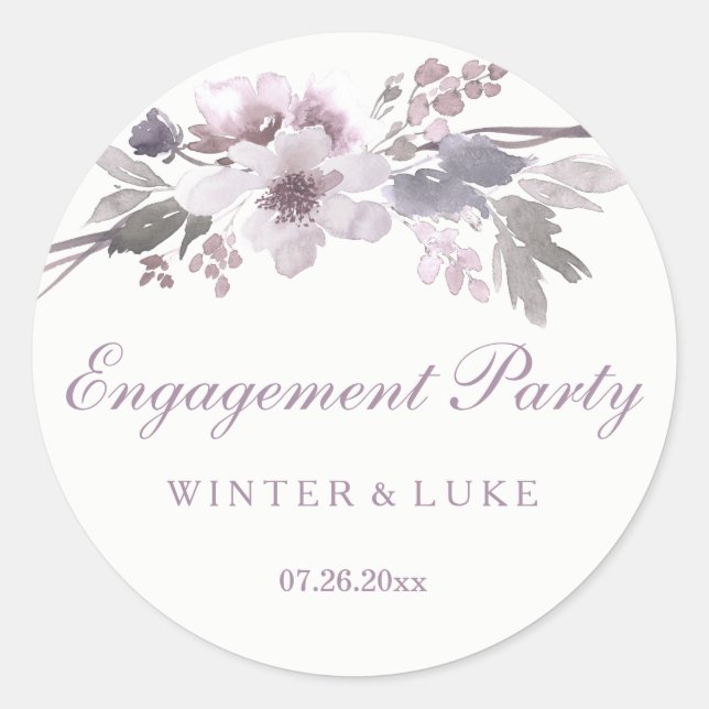 Elegant Purple Winter Floral Engagement Party Classic Round Sticker (Front)