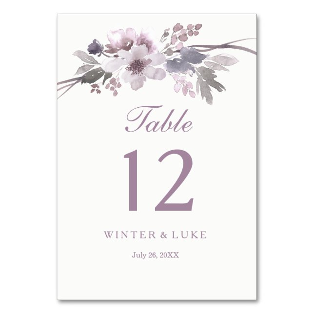 Elegant Purple Winter Floral Wedding Table Card (Front)