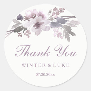 Elegant Purple Winter Floral Wedding Thank You Classic Round Sticker