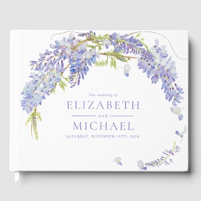 Elegant Purple Wisteria Botanical Script Wedding Guest Book (Front)