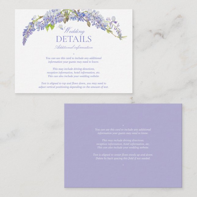 Elegant Purple Wisteria Classic Script Details Enclosure Card (Front/Back)