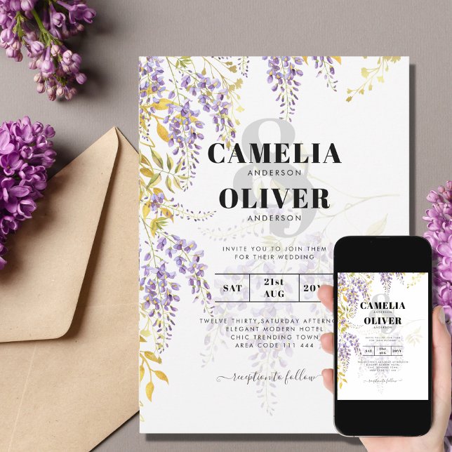 Elegant Purple Wisteria Flowers Modern Floral  Invitation (Creator Uploaded)