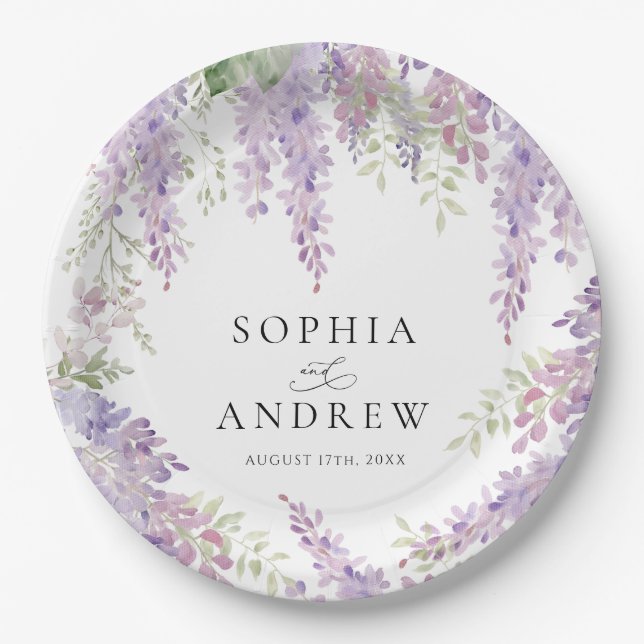 Elegant Purple Wisteria Flowers  Wedding Paper Plate (Front)