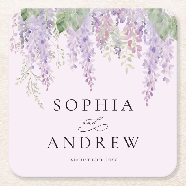 Elegant Purple Wisteria Flowers Wedding Square Paper Coaster (Front)