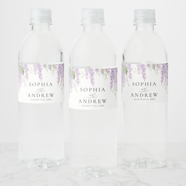 Elegant Purple Wisteria Flowers Wedding Water Bottle Label (Bottles)