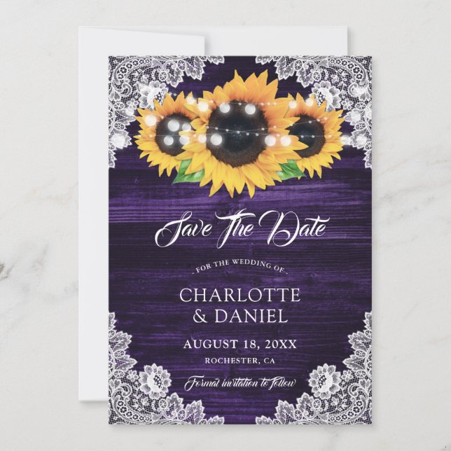 Elegant Purple Wood Floral Lace Sunflower Wedding Save The Date (Front)