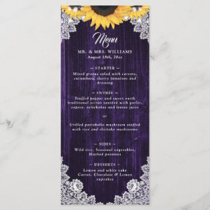 Elegant Purple Wood Sunflower Floral Lace Wedding Menu