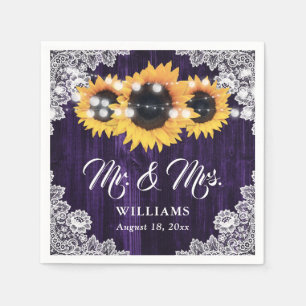 Elegant Purple Wood Sunflower Floral Lace Wedding Napkin