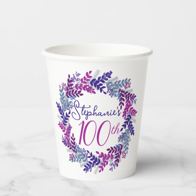 Elegant Purple Wreath 100th Birthday Party Paper Cups (Front)
