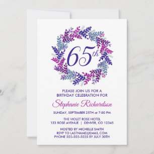 Elegant Purple Wreath 65th Birthday Party Invitation