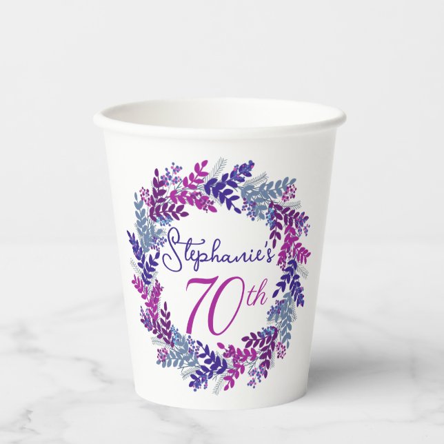 Elegant Purple Wreath 70th Birthday Party Paper Cups (Front)