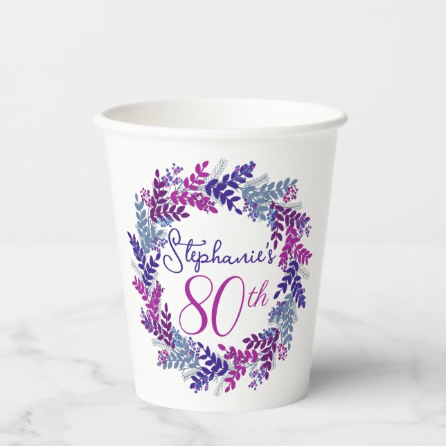 Elegant Purple Wreath 80th Birthday Party Paper Cups (Front)