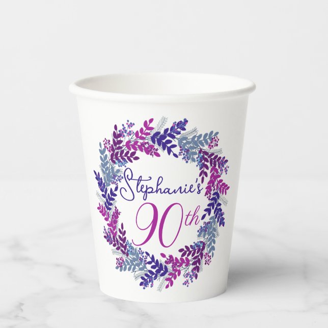 Elegant Purple Wreath 90th Birthday Party Paper Cups (Front)