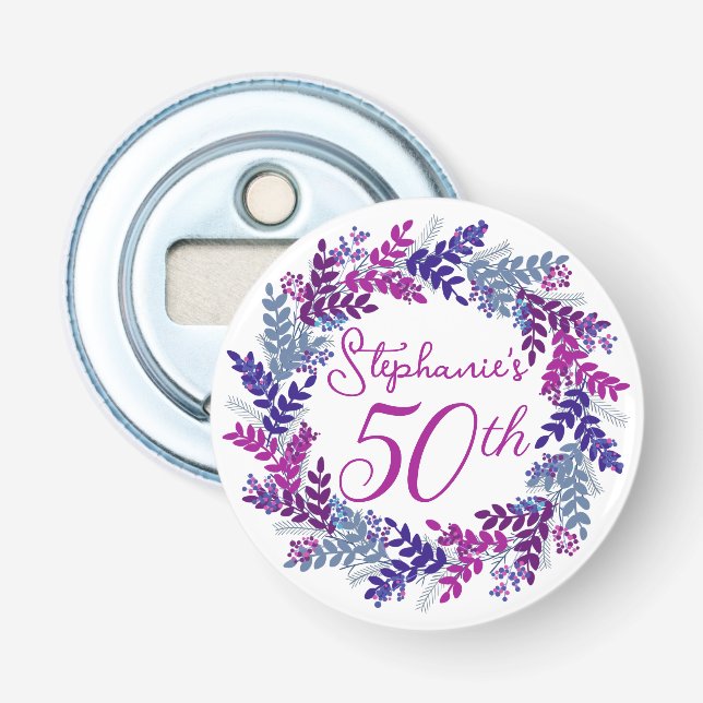 Elegant Purple Wreath Monogram 50th Birthday Party Bottle Opener (Front)