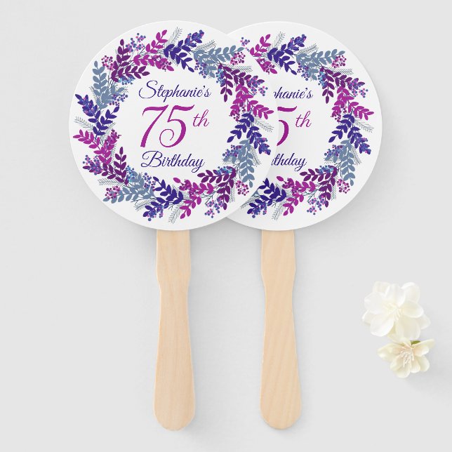 Elegant Purple Wreath Pink 75th Birthday Hand Fan (Front and Back)