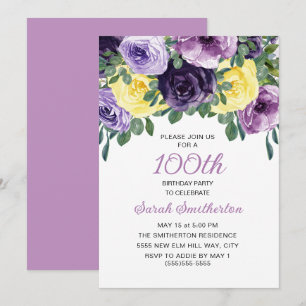 Elegant Purple Yellow Floral 100th Birthday Invitation