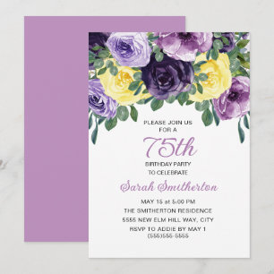 Elegant Purple Yellow Floral 75th Birthday Invitation