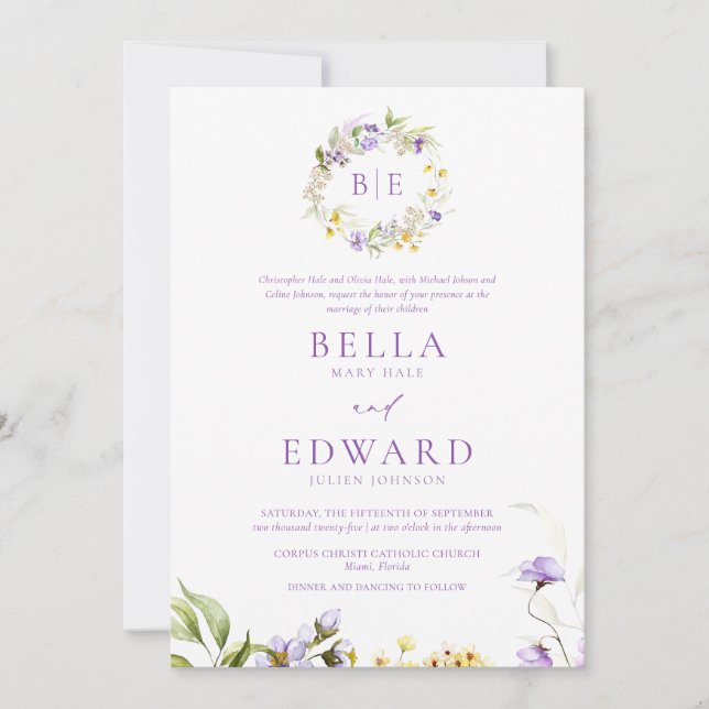 Elegant Purple Yellow Floral Formal Wedding Invitation (Front)