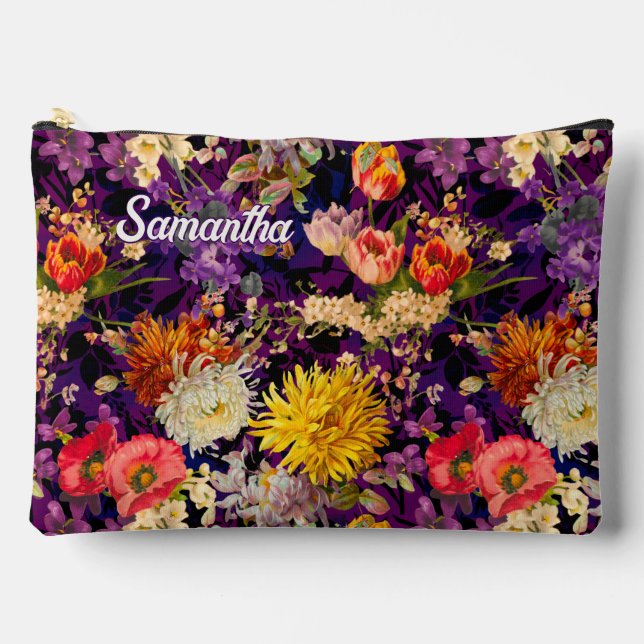 Elegant purple yellow floral pattern accessory pouch (Front)