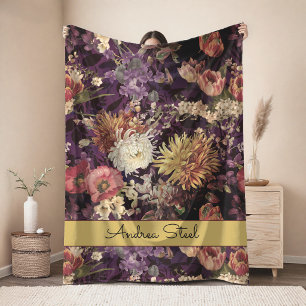 Elegant purple yellow floral pattern fleece blanket