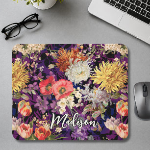 Elegant purple yellow floral pattern mouse mat