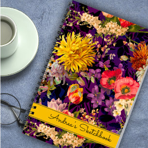 Elegant purple yellow floral pattern notebook