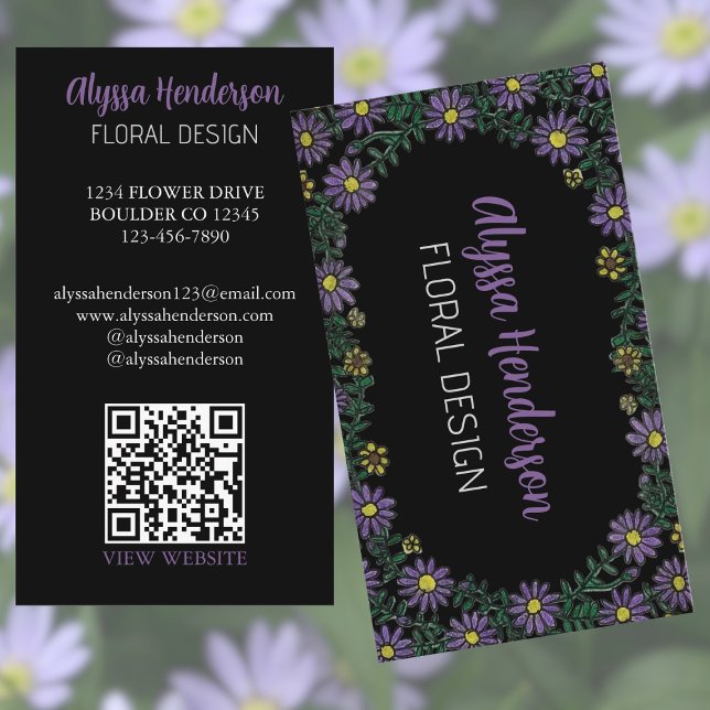 Elegant Purple & Yellow Floral QR Code Florist Business Card (Creator Uploaded)