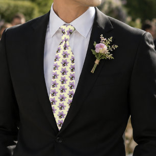Elegant Purple Yellow Flowers Honeycomb Bee Tie