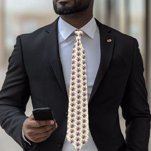 Elegant Purple Yellow Flowers Honeycomb Bee Tie