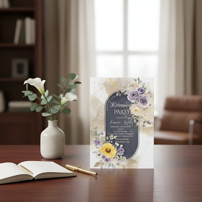 Elegant Purple Yellow Gold Floral Watercolor Retir Invitation (Creator Uploaded)