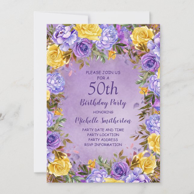 Elegant Purple Yellow Roses Peonies 50th Birthday Invitation (Front)