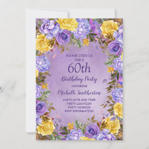 Elegant Purple Yellow Roses Peonies 60th Birthday Invitation