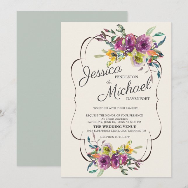 Elegant Purple Yellow Watercolor Floral Wedding Invitation (Front/Back)