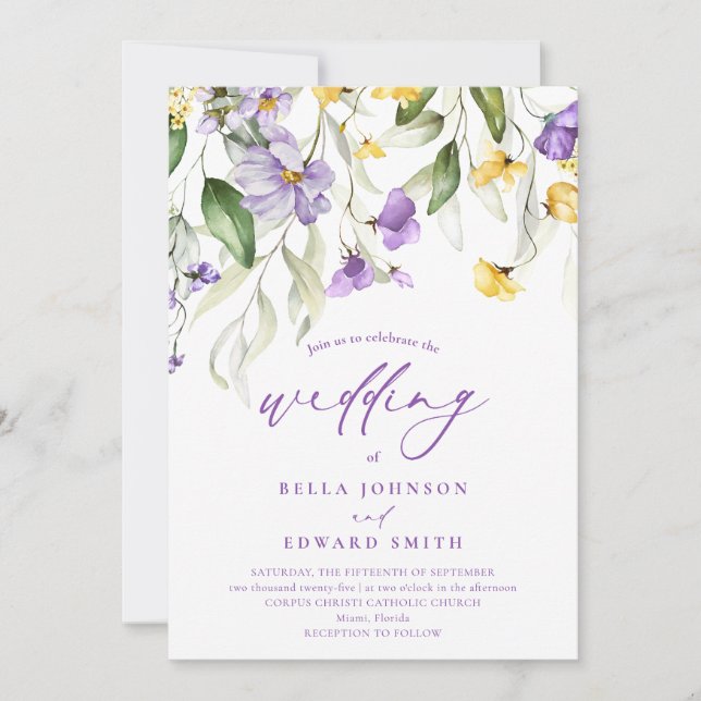 Elegant Purple Yellow Watercolor Floral Wedding Invitation (Front)