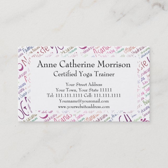 Elegant Purple Yoga Positions Word Cloud Pattern Business Card (Front)