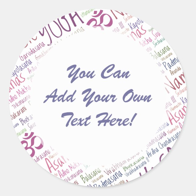 Elegant Purple Yoga Positions Word Cloud Pattern Classic Round Sticker (Front)