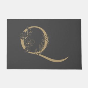 Elegant Q Boho Floral Monogram Initial Grey Gold Doormat