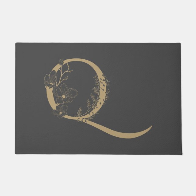 Elegant Q Boho Floral Monogram Initial Grey Gold Doormat (Front)